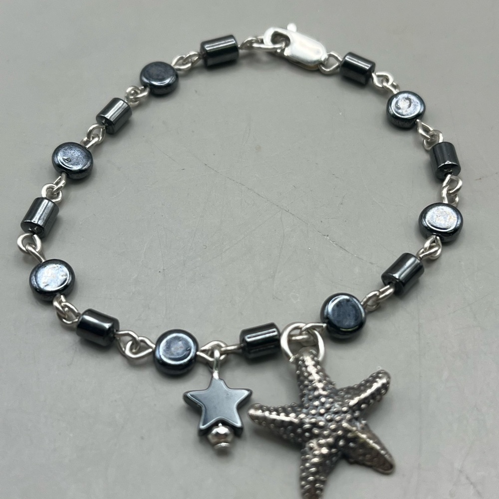 Handmade Sterling Silver & Hematite Starfish Beaded Charm Bracelet - Picture 2 of 4